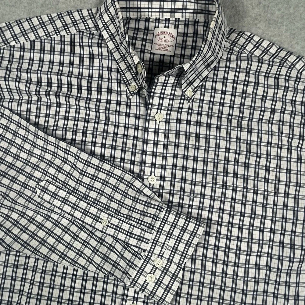 Brooks Brothers Mens L Traditional Non-Iron Button‎ Shirt Long Sleeve Blue/White